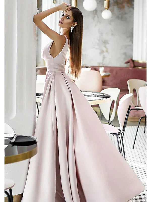 Luolandi A-Line Elegant Engagement Formal Evening Dress V Neck Sleeveless Sweep Brush Train Satin with Pleats Sexy
